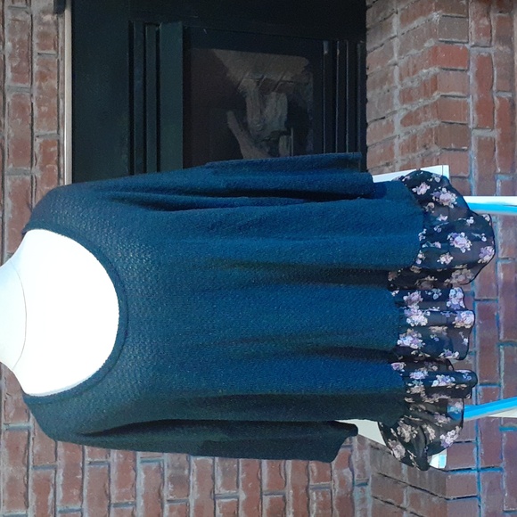 living doll Tops - Living Doll Charcoal Knit Top with Pink Floral Trim